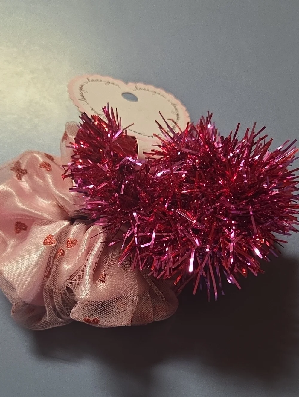 Kids Pink Heart Tinsel Pom-Pom & Satin Scrunchie Set